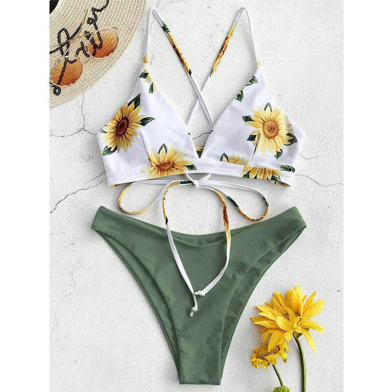 Bikini Donna 2026 con Stampa Girasoli Push Up Imbottito Sexy da Mare - Lido nova 