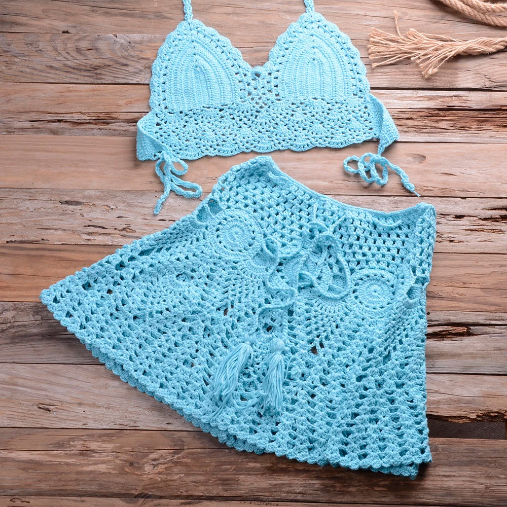 Set Bikini Donna 2026 in Crochet 2 Pezzi con Gonna Cover-Up Boho da Mare - Lido nova 