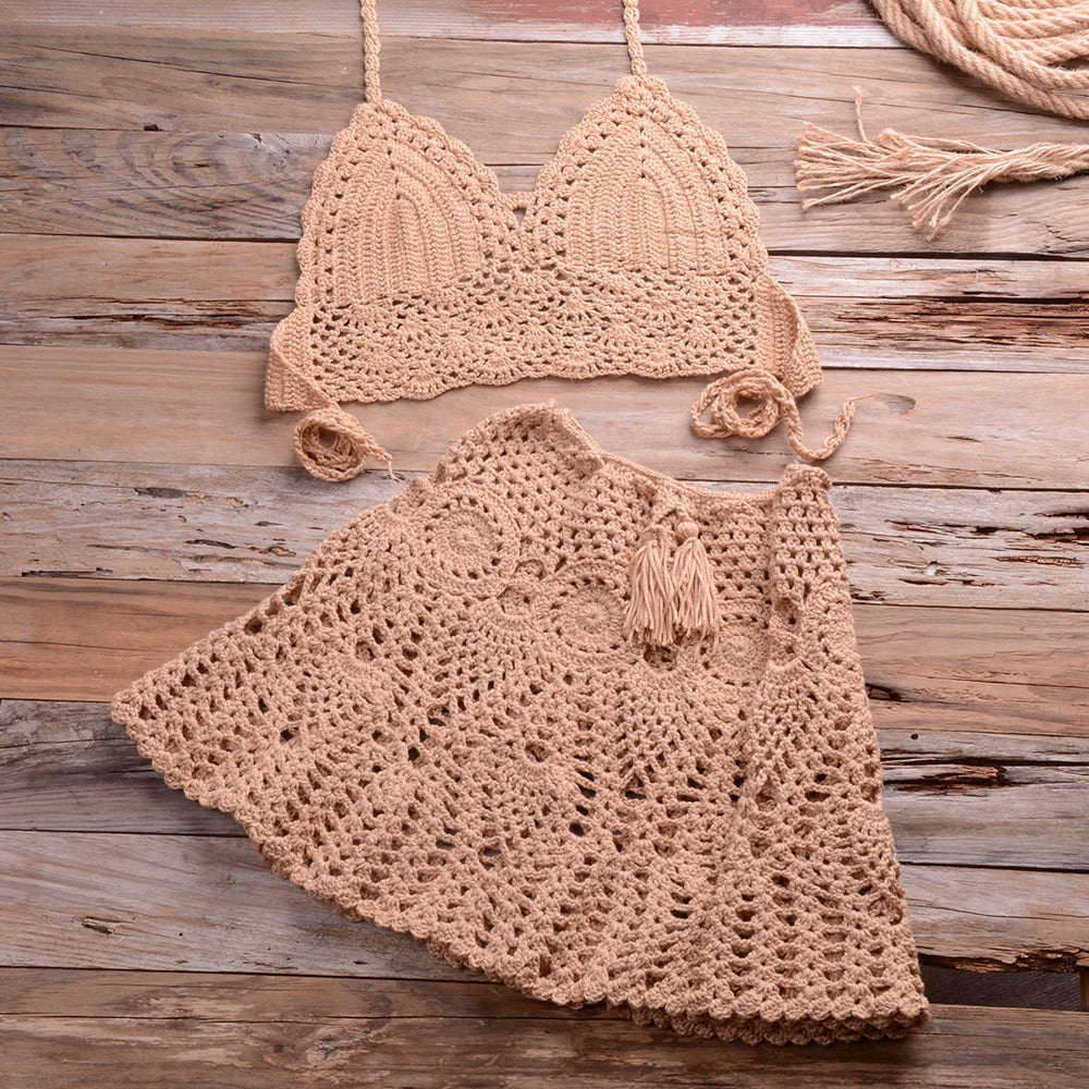 Set Bikini Donna 2026 in Crochet 2 Pezzi con Gonna Cover-Up Boho da Mare - Lido nova 