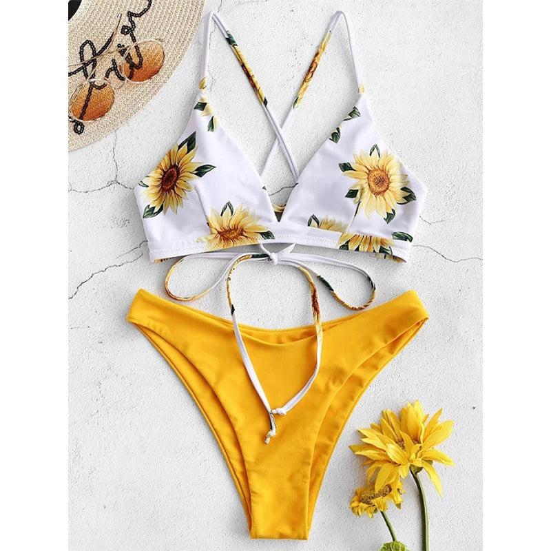 Bikini Donna 2026 con Stampa Girasoli Push Up Imbottito Sexy da Mare - Lido nova 