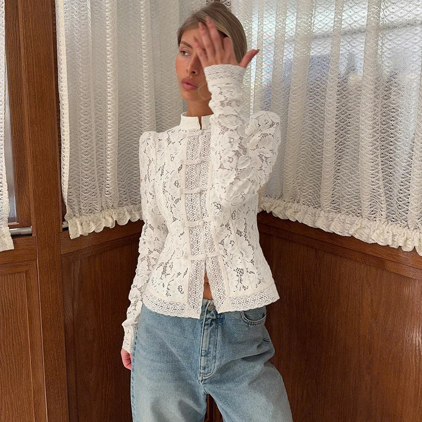 Blusa Estiva Donna 2026 Ricamata Hollow-Out Maniche Puff - Lido nova 
