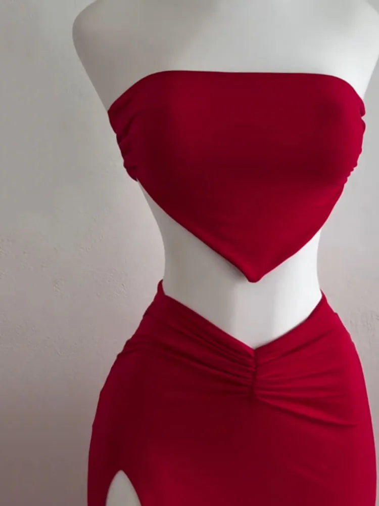 Set Estivo Donna 2026 2 Pezzi Strapless con Crop Top e Gonna Midi con Spacco - Lido nova 