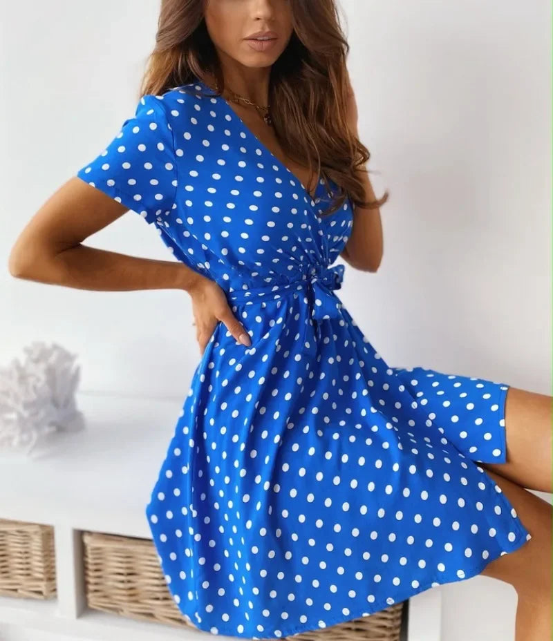 Abito Estivo Donna – Dress a Pois con Maniche Corte, Scollo a V e Cintura - Lido nova 