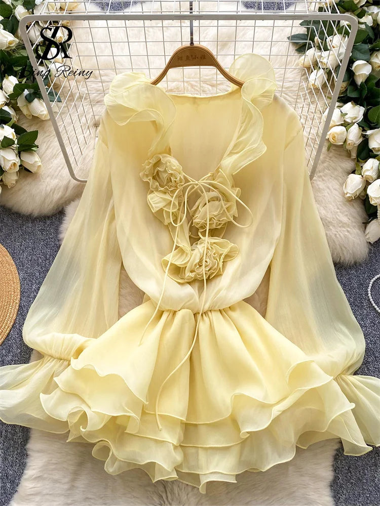 Abito Estivo Donna – Mini Dress Boho con Dettagli Floreali 3D e Maniche Lunghe - Lido nova 