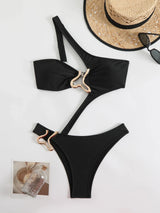 Women's Monokini 2026 Black One Shoulder with Metal Detail and Hollow Cuts