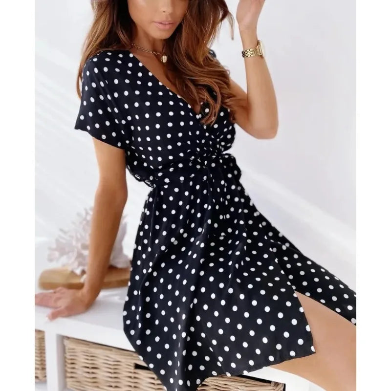 Abito Estivo Donna – Dress a Pois con Maniche Corte, Scollo a V e Cintura - Lido nova 