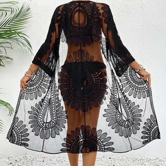 Abito Copricostume Estivo Donna 2026 Kimono in Crochet con Ricamo Floreale - Lido nova 