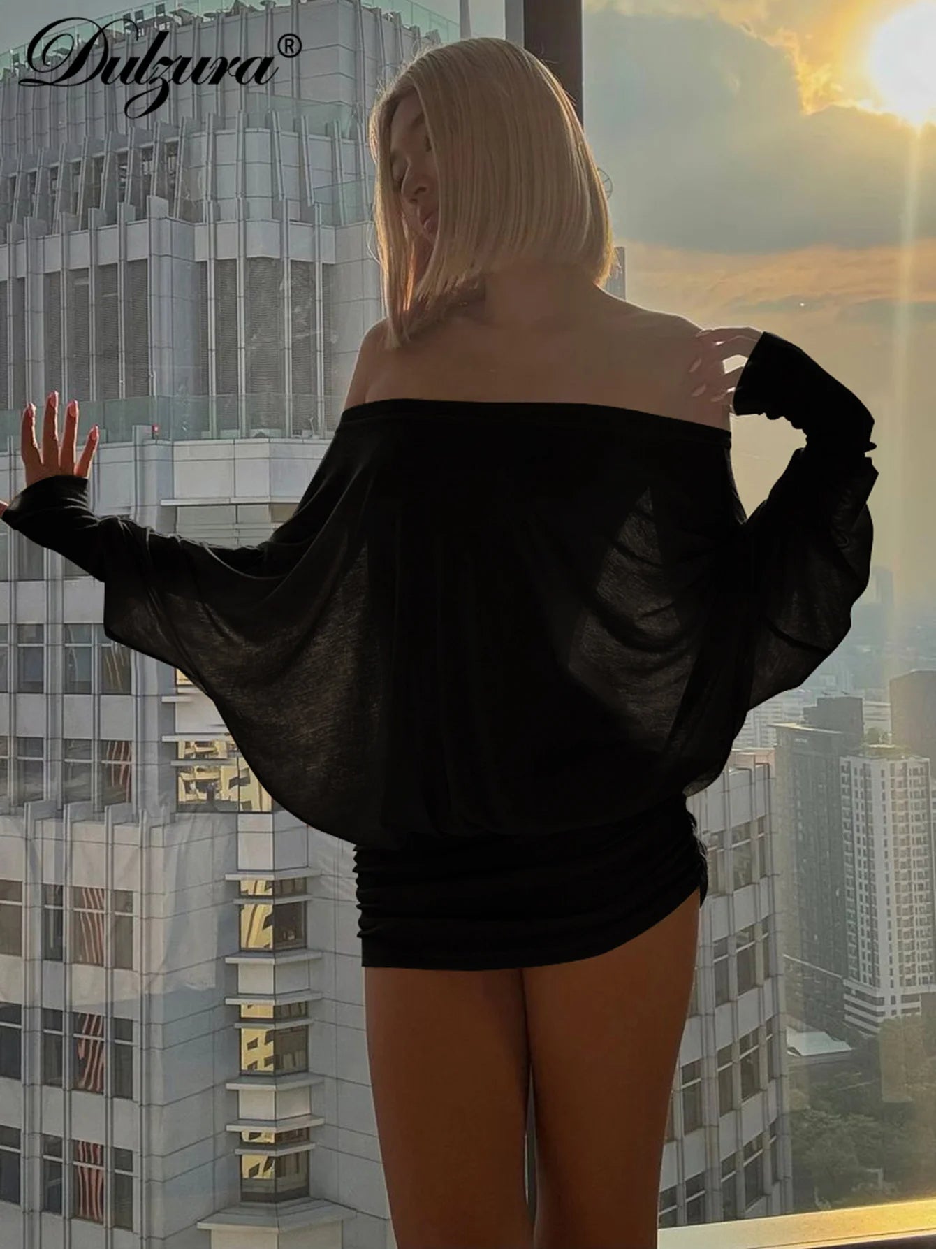 Mini Abito Estivo Donna 2026 Off Shoulder Maniche Lunghe Arricciato - Lido nova 