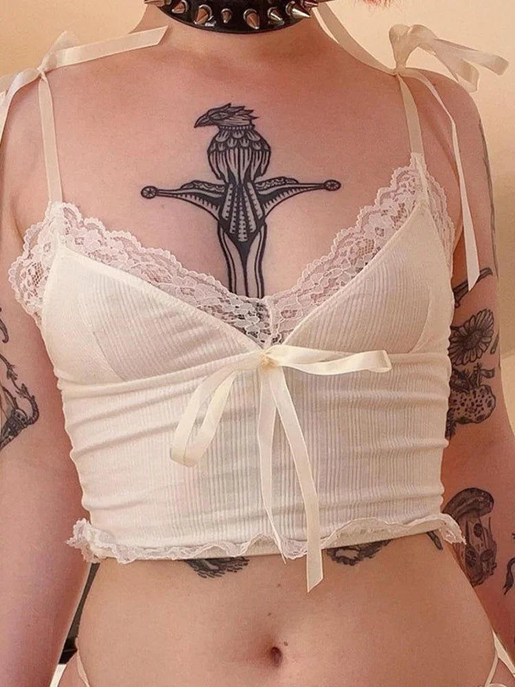 Crop Top Estivo Donna 2026 con Bordo in Pizzo e Fiocco - Lido nova 