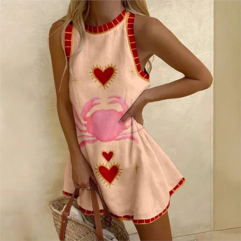 Abito estivo donna Lido Nova, mini dress boho smanicato con stampa leggera, mostrato su sfondo neutro.