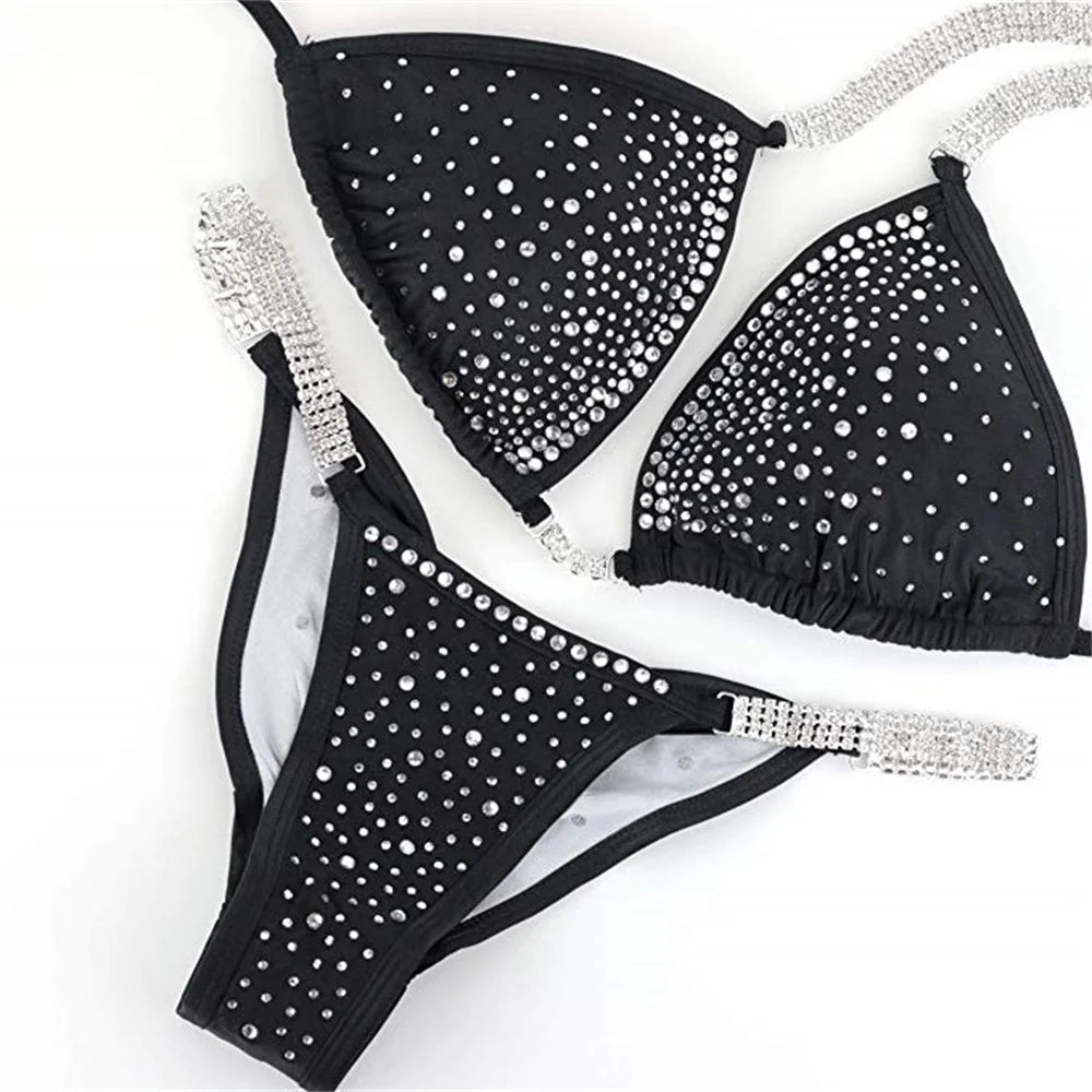 Bikini Donna 2026 da Competizione IFBB con Strass e Effetto Scrunch Azzurro - Lido nova 