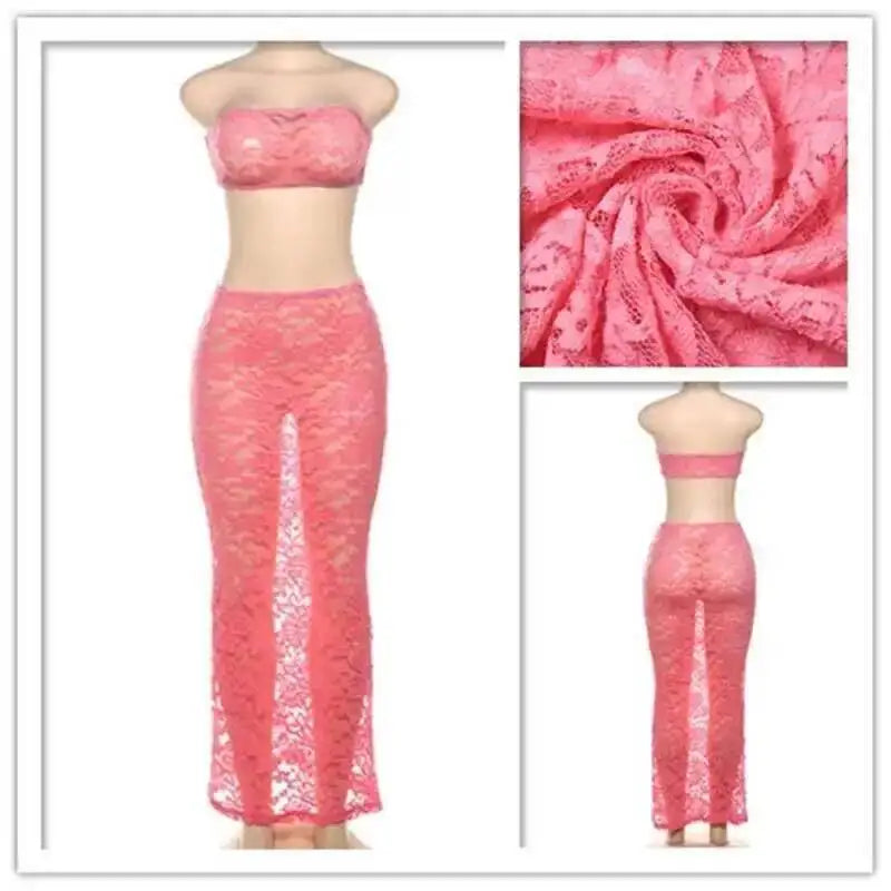 Set Estivo Donna 2026 2 Pezzi in Pizzo con Crop Top Strapless e Gonna Midi - Lido nova 