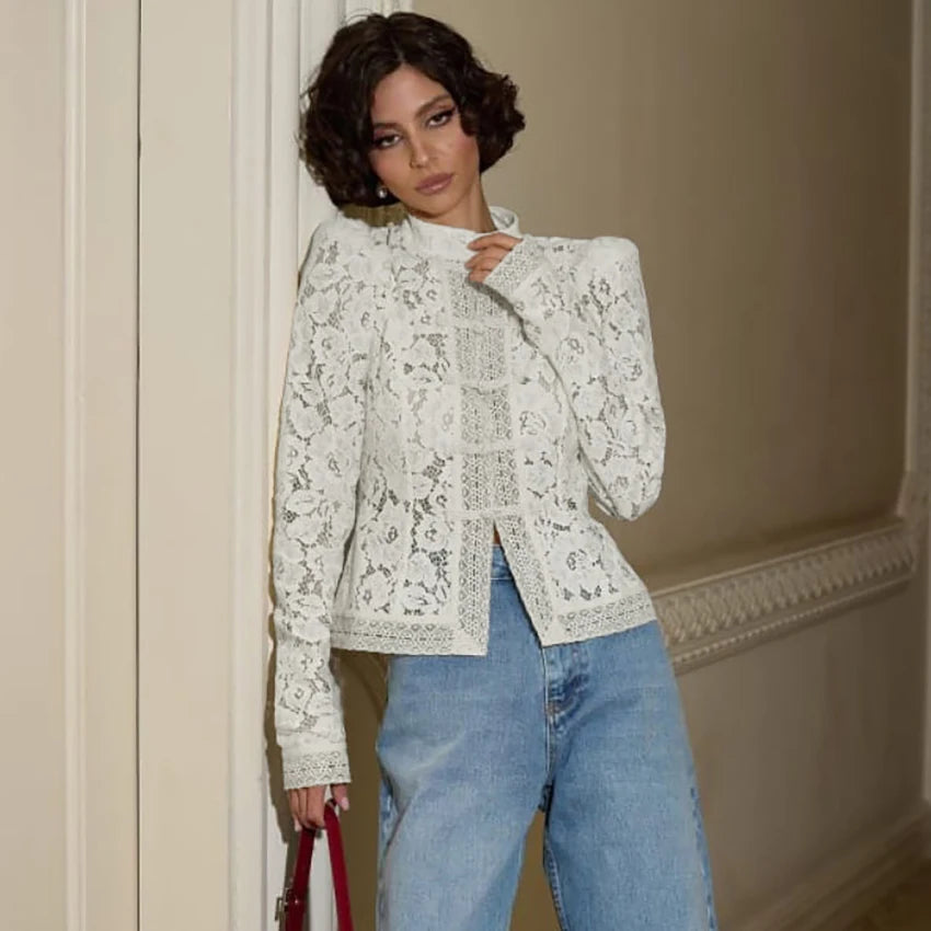 Blusa Estiva Donna 2026 Ricamata Hollow-Out Maniche Puff - Lido nova 