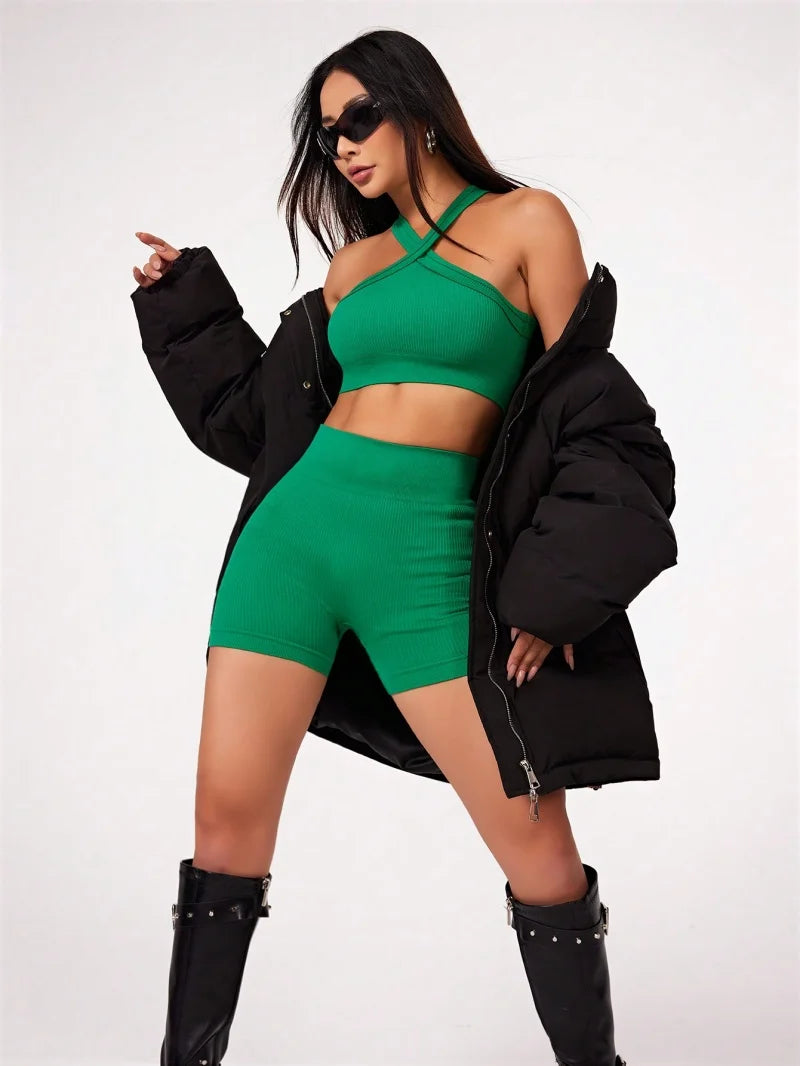 Set Yoga Donna 2026 Naked Feel con Shorts Vita Alta e Sports Bra a Spalline - Lido nova 