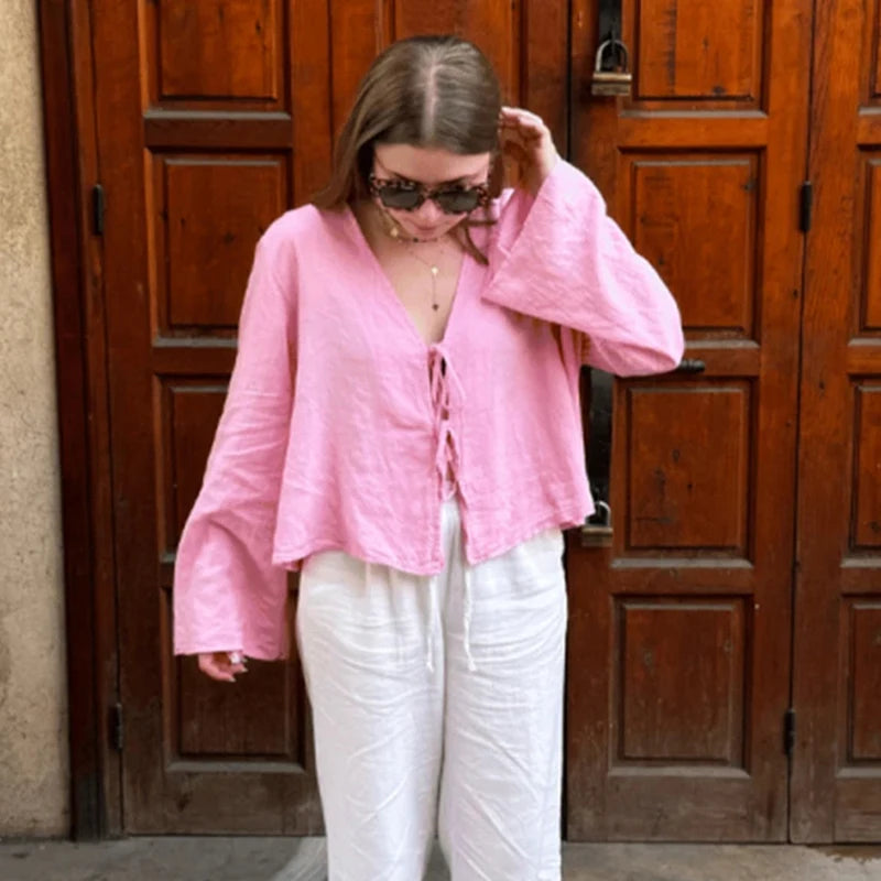 Top Estivo Donna 2026 Lino Verde Scollo a V Lace-Up - Lido nova 