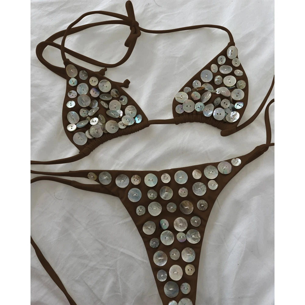 Micro Bikini Donna 2026 Push Up Sexy Due Pezzi Tinta Unita da Mare - Lido nova 