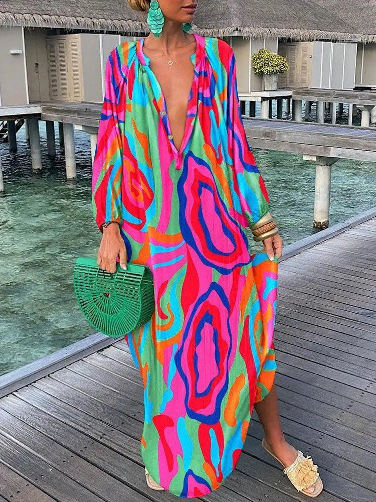 Abito Estivo Donna – Maxi Dress Boho con Stampa e Scollo a V Profondo - Lido nova 