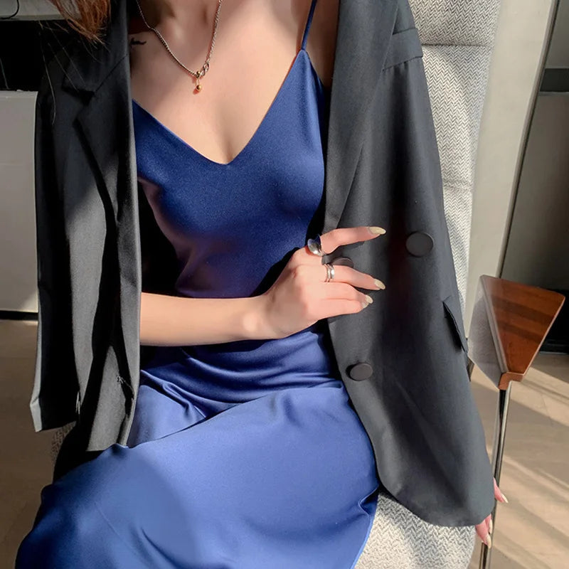 Abito Lungo Donna 2026 in Raso con Spalline e Lacci Sexy Slim Bodycon - Lido nova 