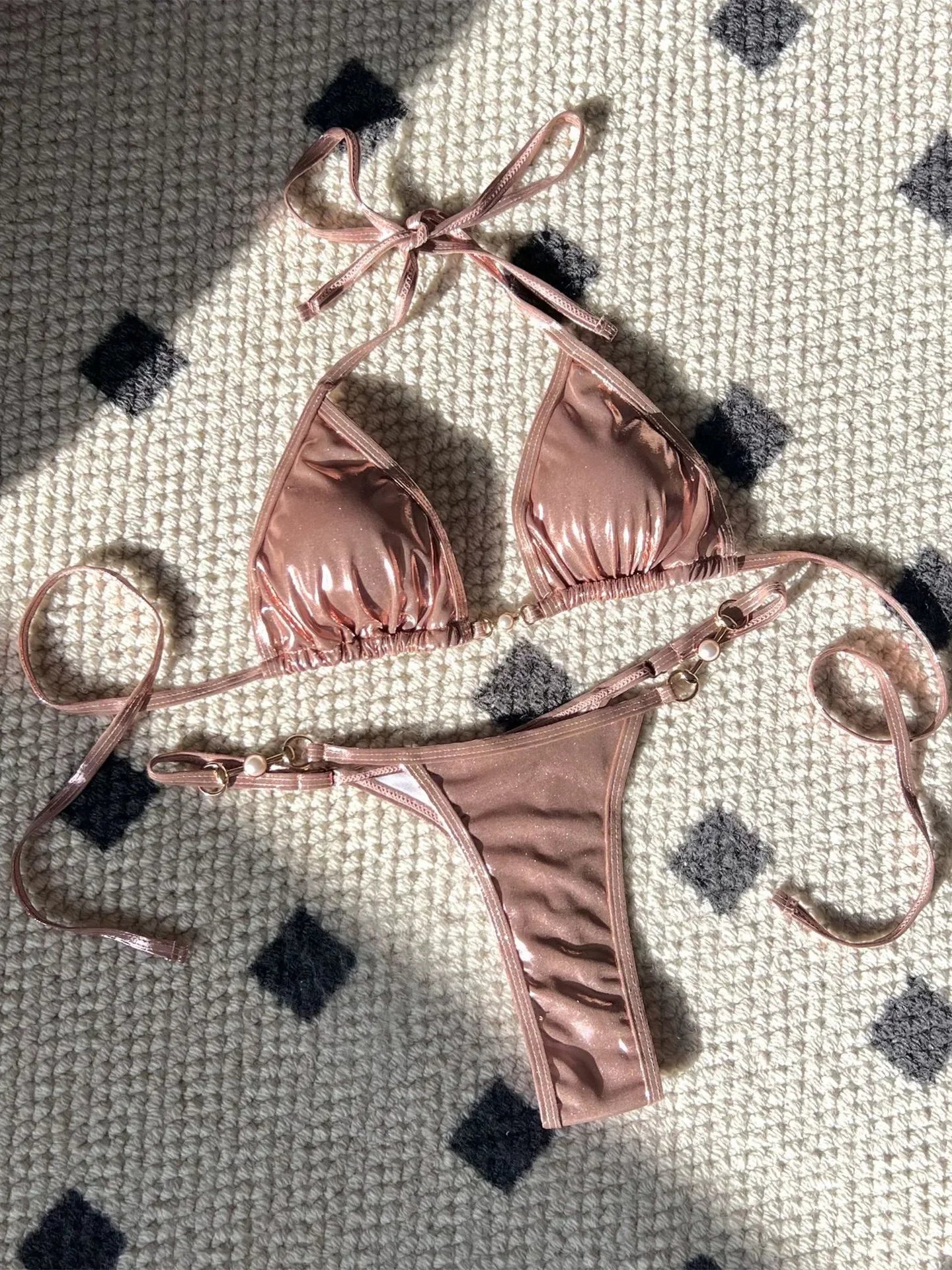 Micro Bikini Donna 2026 Rosa Lucido con Perle Push Up e Slip Thong Sexy - Lido nova 
