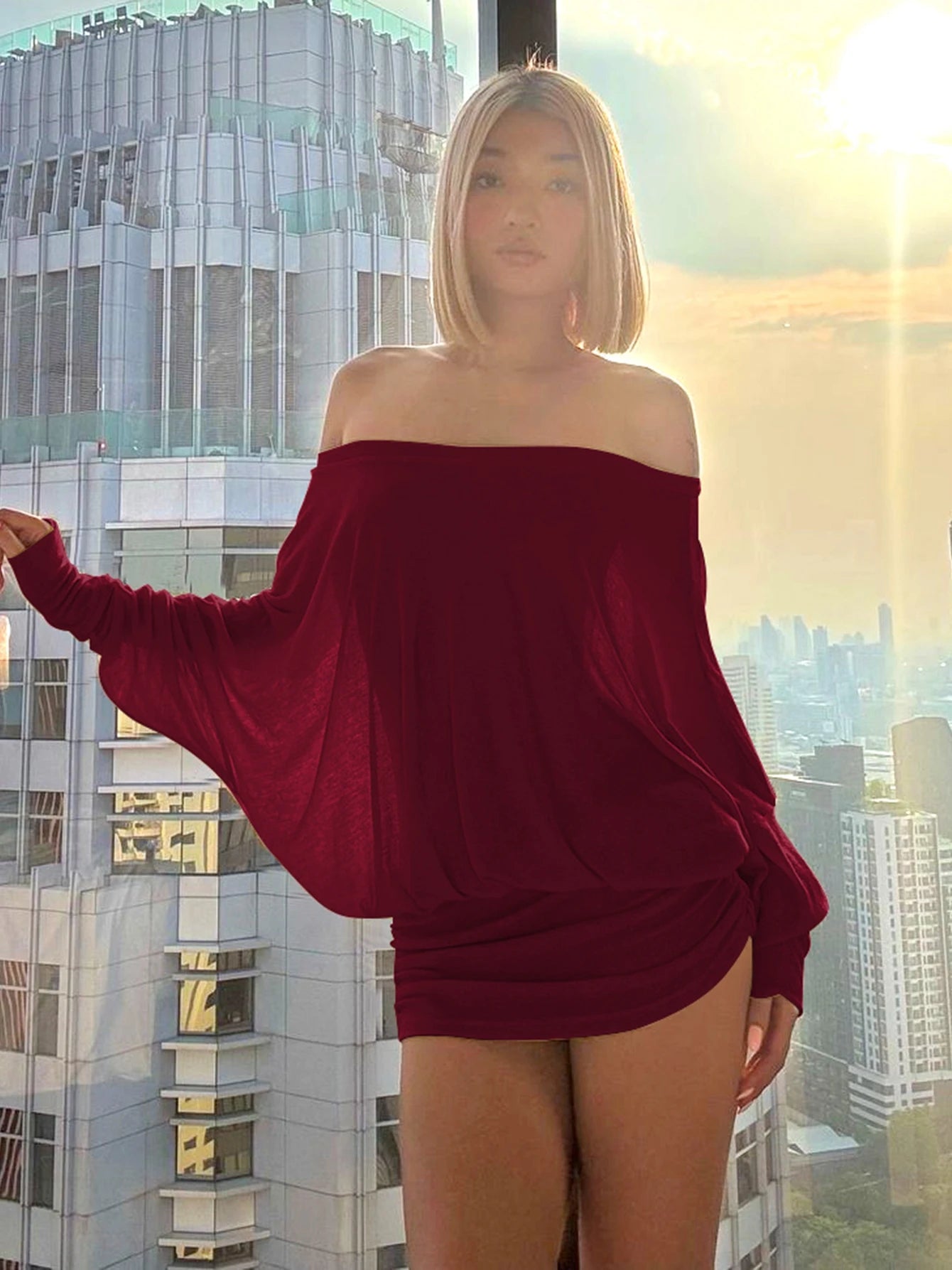 Mini Abito Estivo Donna 2026 Off Shoulder Maniche Lunghe Arricciato - Lido nova 