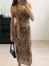 Women's 2026 Summer Set 2 Piece Leopard Print with Tulle Top and Skirt