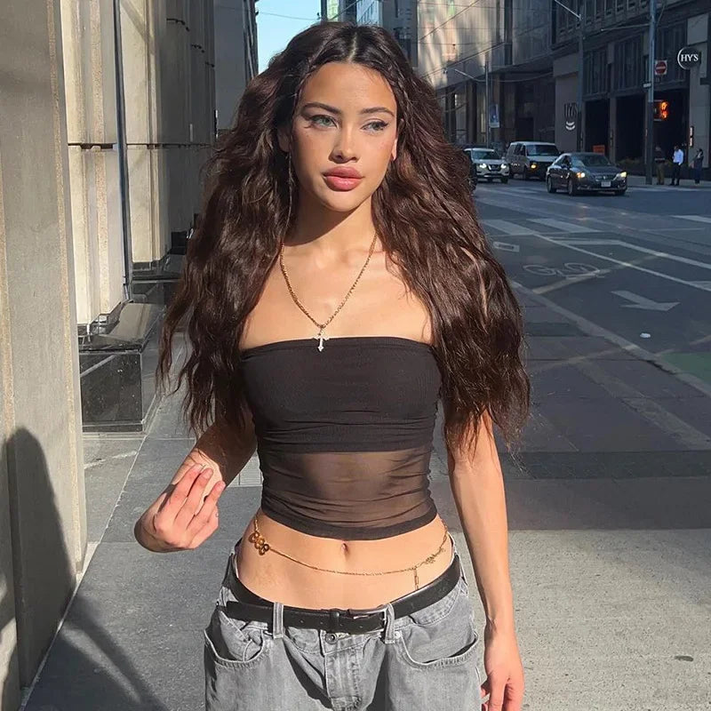 Crop Top Donna 2026 in Mesh Tinta Unita Senza Maniche Plus Size XL–9XL - Lido nova 