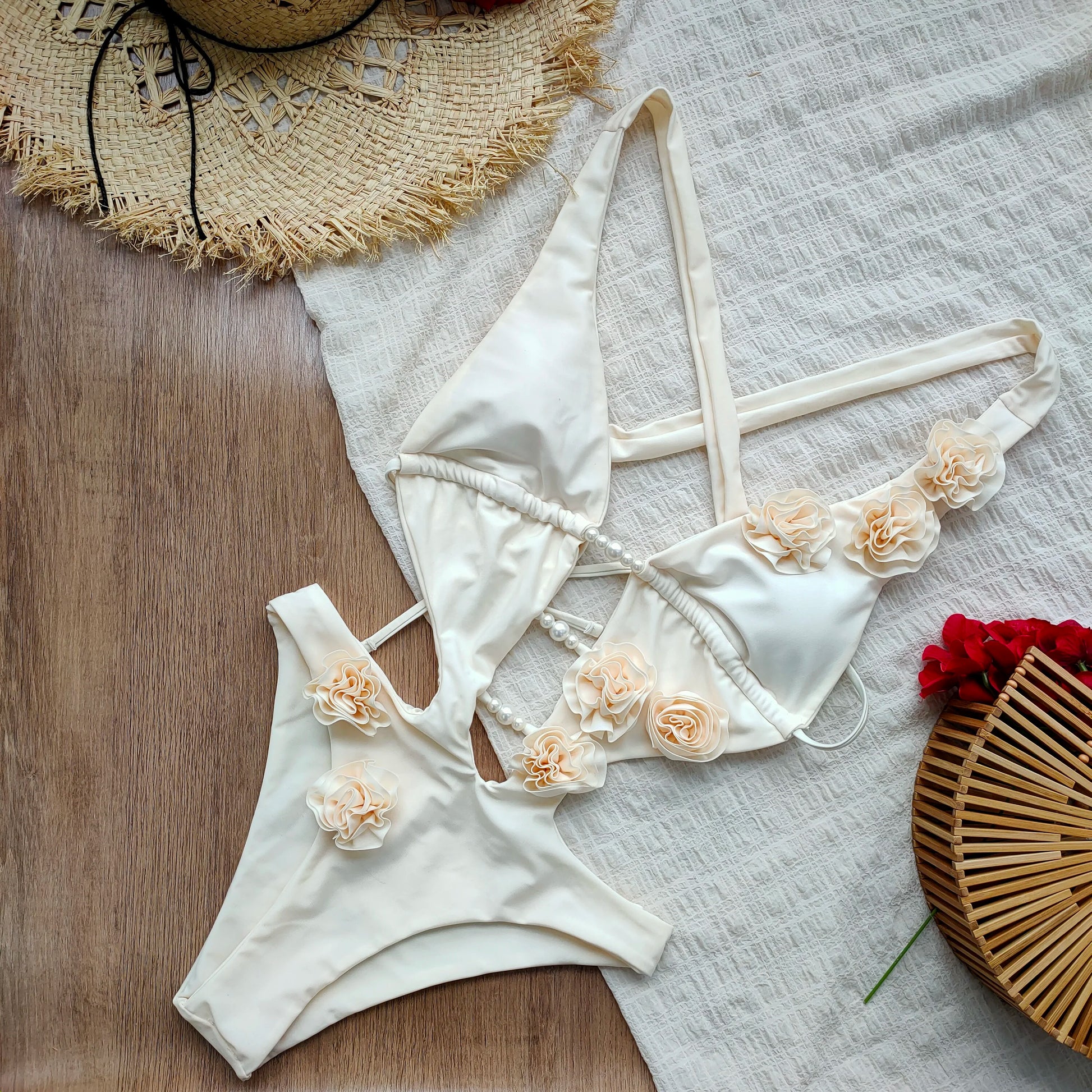 Costume Intero Donna 2026 con Fiori 3D e Cut-Out Sexy Tropicale da Mare - Lido nova 