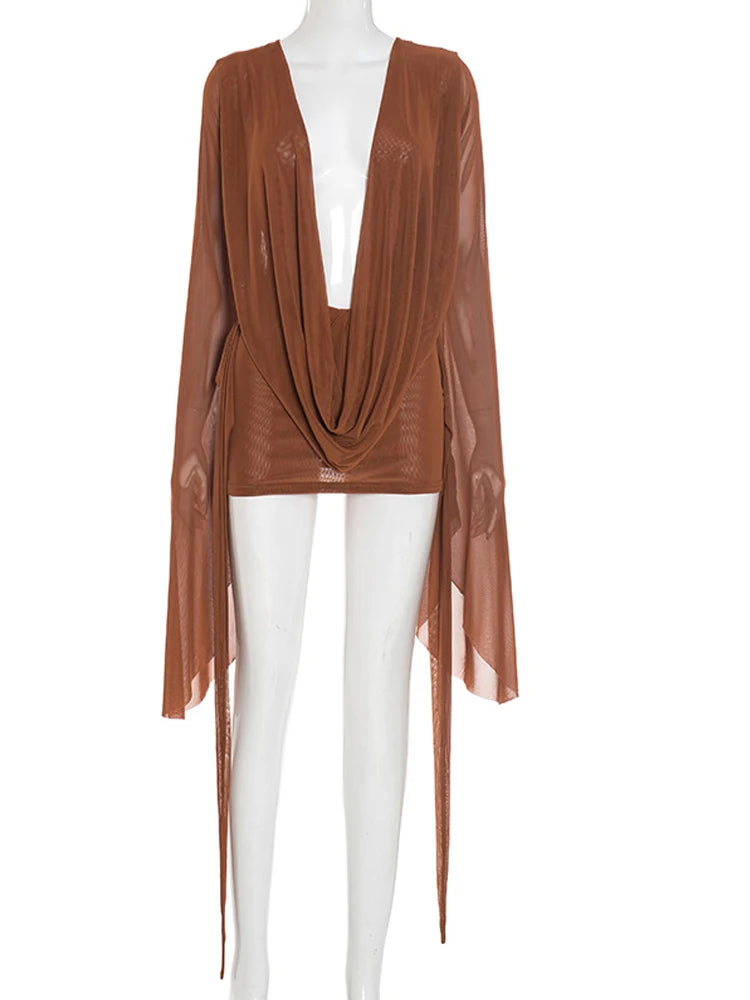 Mini Abito Estivo Donna 2026 Mesh Scollo a V Maniche Svasate - Lido nova 