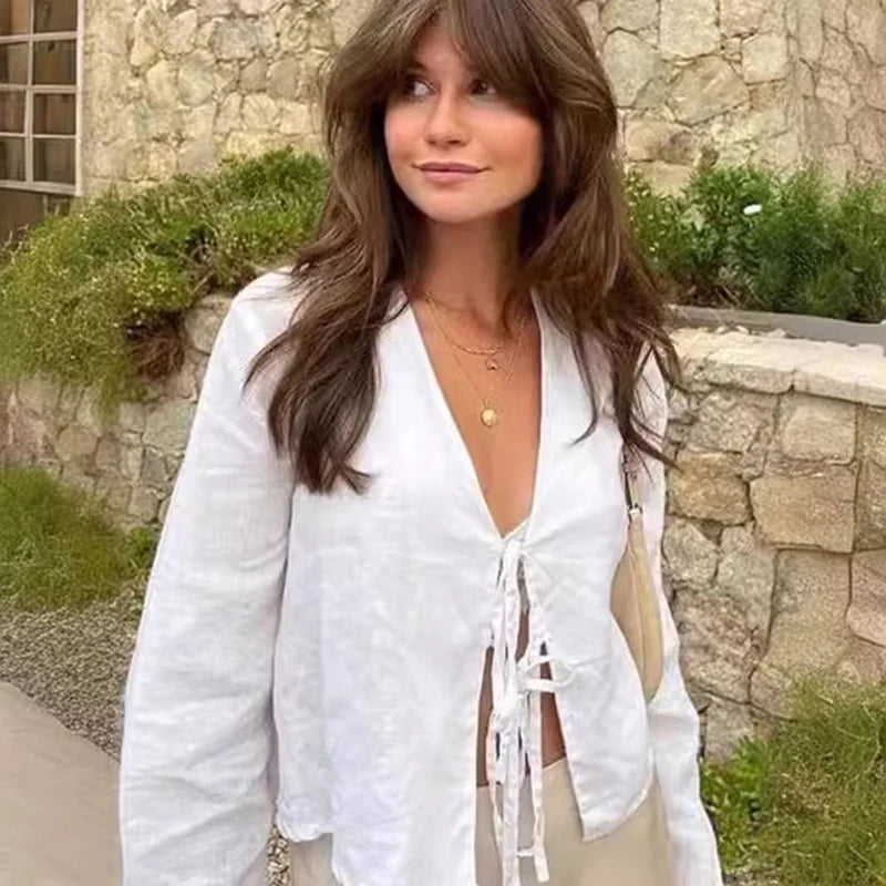 Top Estivo Donna 2026 Lino Verde Scollo a V Lace-Up - Lido nova 