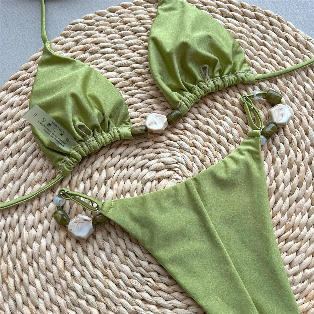 Micro Bikini Donna 2026 Verde con Triangolo Halter, Perline e Slip Thong - Lido nova 