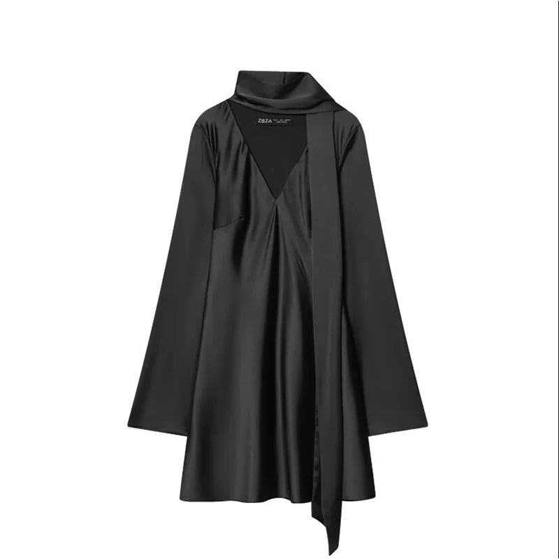 Mini Abito Donna 2026 in Raso Elegante con Maniche Lunghe e Scollo a V - Lido nova 