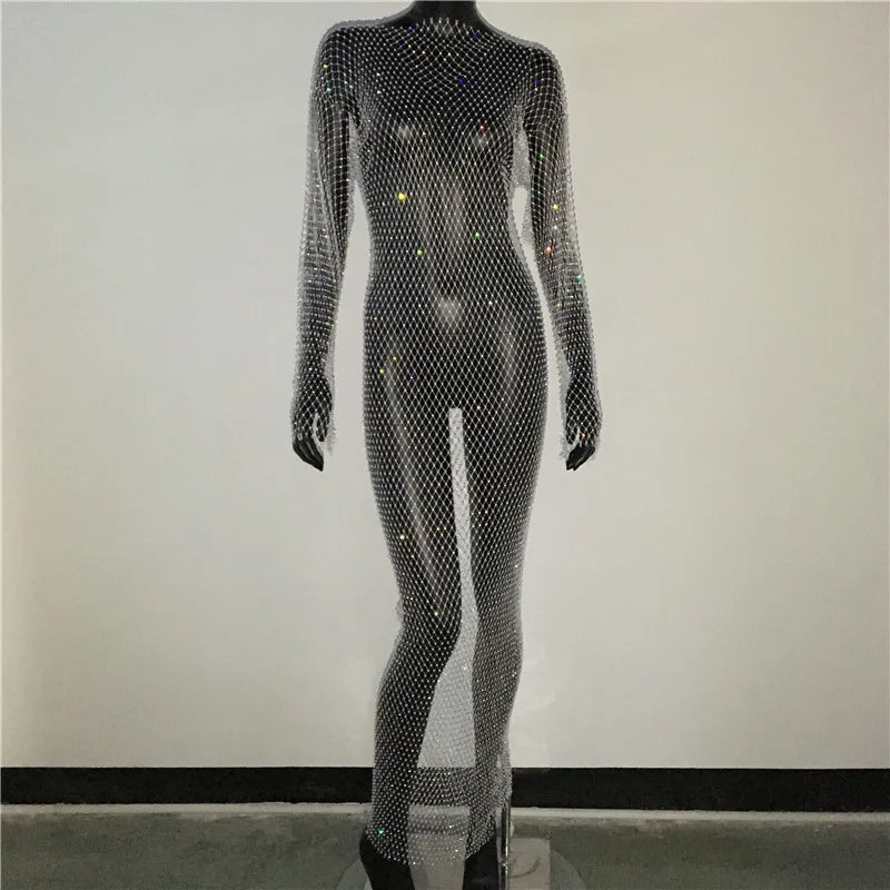 Abito Copricostume Donna 2026 in Rete con Strass e Spacco Laterale Sexy - Lido nova 