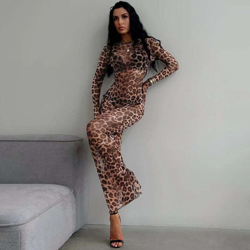 Abito Copricostume Donna 2026 Maxi Leopardato in Mesh See Through con Maniche Lunghe - Lido nova 