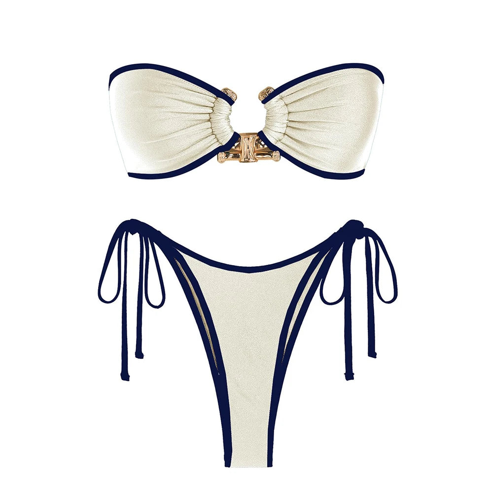 Bikini Donna 2026 Bandeau Shiny con O-Ring Metal e Slip Low Waist Sexy - Lido nova 