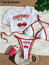 Women's 2026 3-Piece Cherry Print Bikini Set with Short Sleeve Top