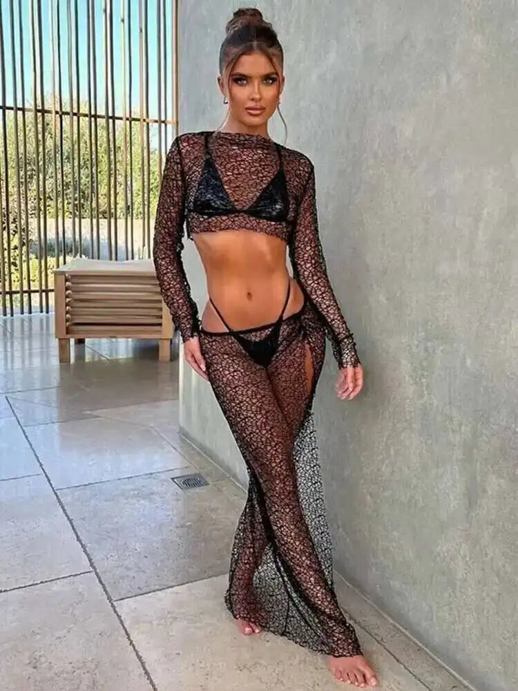 Set Estivo Donna 2026 2 Pezzi in Pizzo con Crop Top Strapless e Gonna Midi - Lido nova 