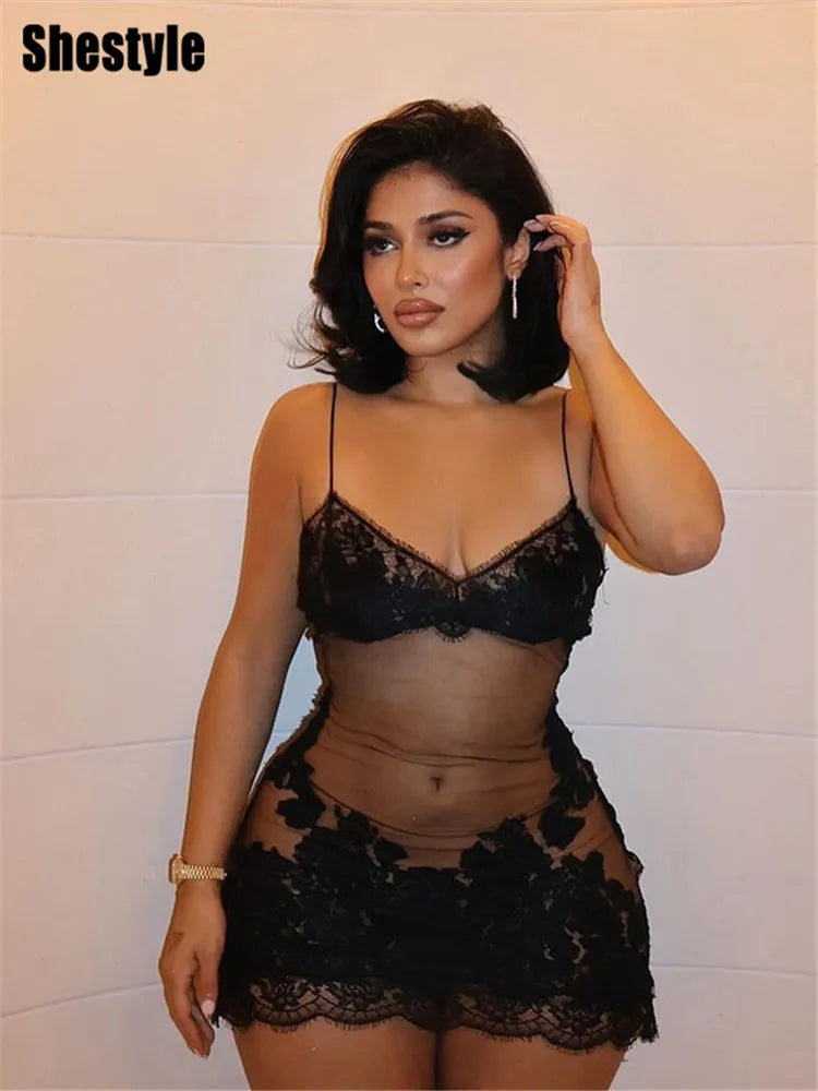 Mini Abito Estivo Donna 2026 in Pizzo Trasparente con Ricami - Lido nova 