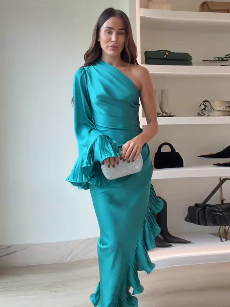 Abito Lungo Donna 2026 Monospalla con Rouches Asimmetriche Elegante da Party - Lido nova 