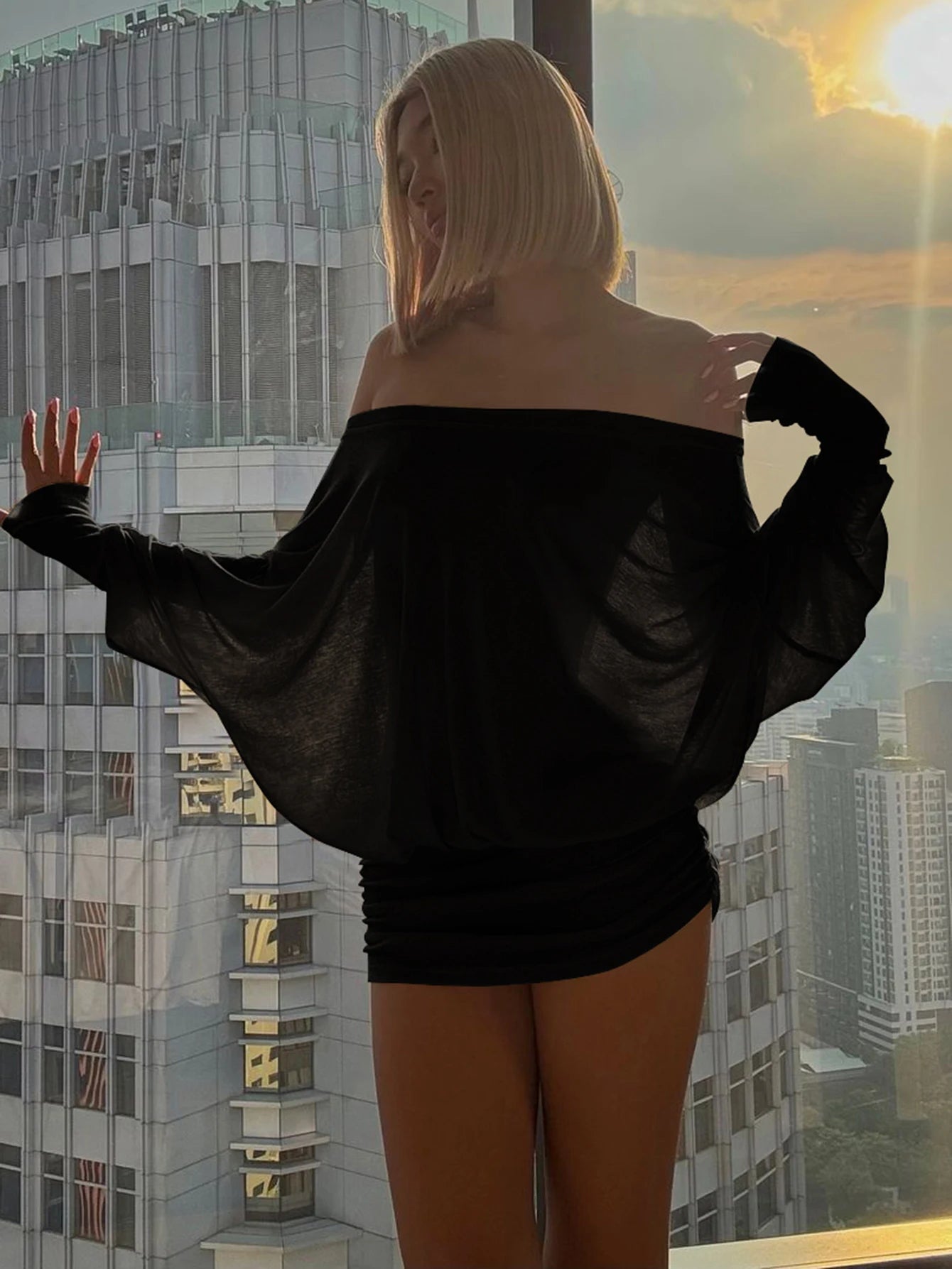 Mini Abito Estivo Donna 2026 Off Shoulder Maniche Lunghe Arricciato - Lido nova 