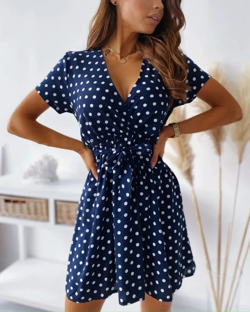 Abito Estivo Donna – Dress a Pois con Maniche Corte, Scollo a V e Cintura - Lido nova 