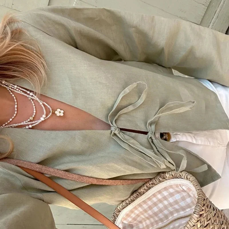 Top Estivo Donna 2026 Lino Verde Scollo a V Lace-Up - Lido nova 