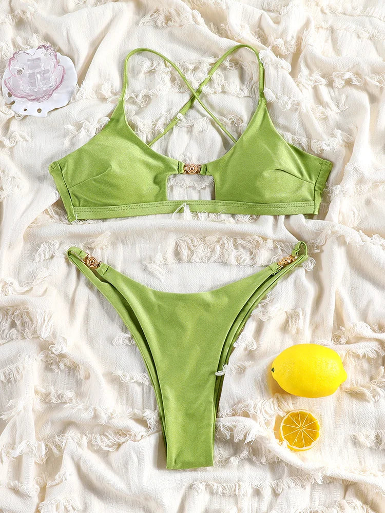 Bikini Donna 2026 Low Waist Push Up Tinta Unita con Cut-Out Sexy da Mare - Lido nova 