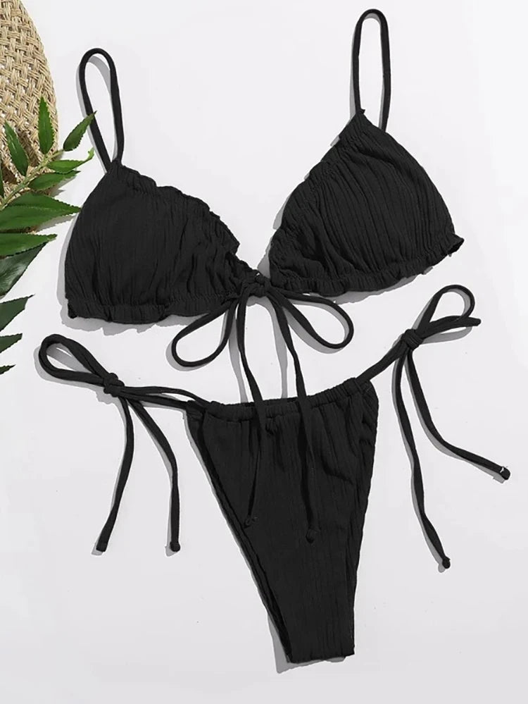 Bikini Donna 2026 a Costine Push Up Tinta Unita con Slip Sexy da Mare - Lido nova 