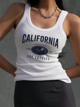 Women's 2026 Ribbed Cotton Tank Top with California Print Slim Streetwear