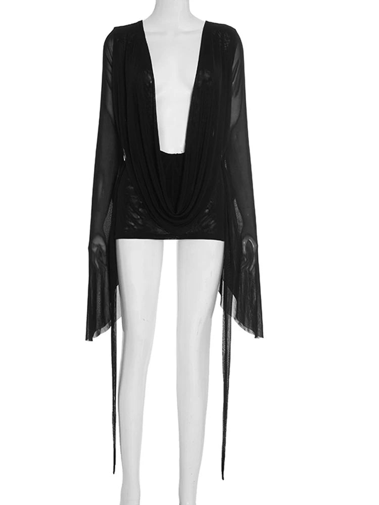 Mini Abito Estivo Donna 2026 Mesh Scollo a V Maniche Svasate - Lido nova 