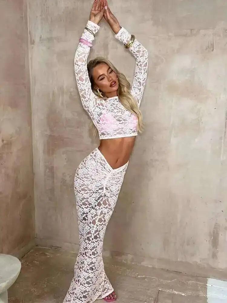 Set Estivo Donna 2026 2 Pezzi in Pizzo con Crop Top Strapless e Gonna Midi - Lido nova 