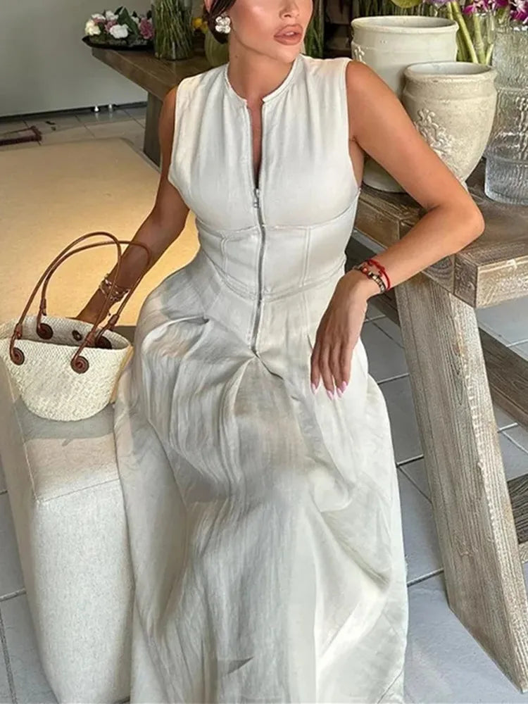 Abito Estivo Donna – Midi Dress Smanicato con Zip e Piega Leggera - Lido nova 