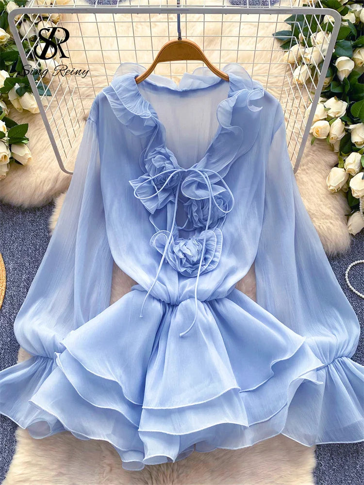 Abito Estivo Donna – Mini Dress Boho con Dettagli Floreali 3D e Maniche Lunghe - Lido nova 