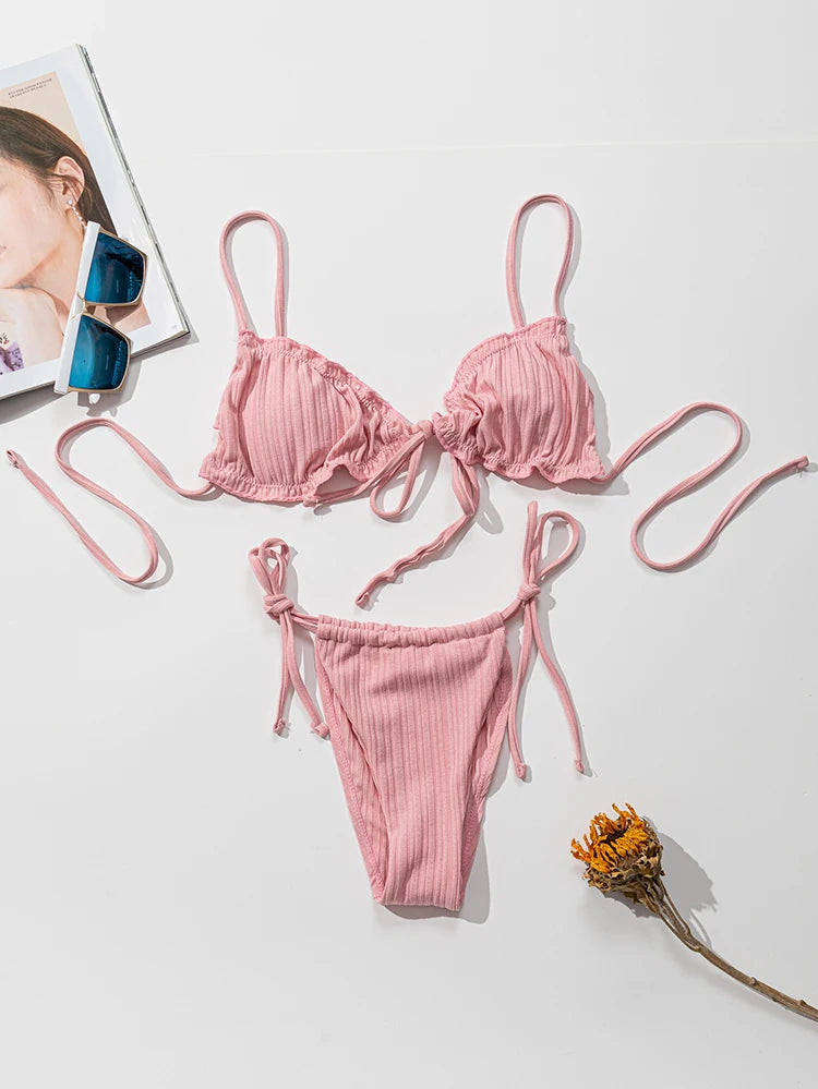 Bikini Donna 2026 a Costine Push Up Tinta Unita con Slip Sexy da Mare - Lido nova 