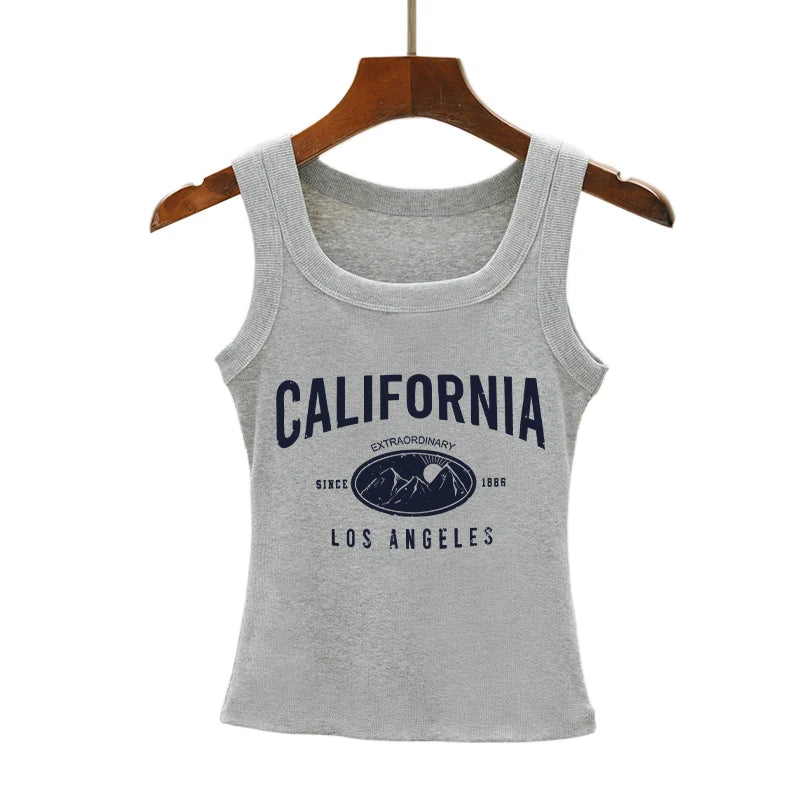 Tank Top Donna 2026 a Coste in Cotone con Stampa California Slim Streetwear - Lido nova 